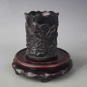 SANDALWOOD BRUSH POT CARVED WITH FLORAL MOTIFS