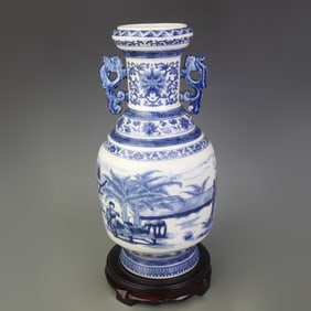 BLUE AND WHITE DOUBLE-HANDLED VASE WITH FIGURE MOTIFS