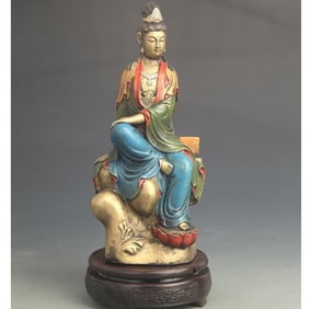 BRONZE PAINTED STATUE OF UNTROUBLED GUANYIN SEATED