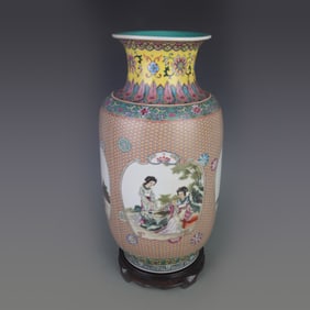 FAMILLE ROSE VASE WITH FRAMED FIGURE DESIGN