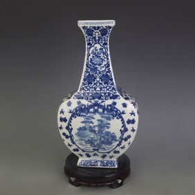 BLUE AND WHITE SQUARE VASE WITH FRAMED FLORAL, BIRD, AND FIGURE MOTIFS