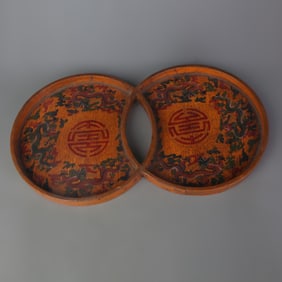 LARGE LACQUER DOUBLE ROUND TRAY WITH DRAGON MOTIF