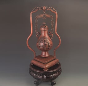 RARE FINELY MADE BRONZE CARVING HANGING VASE