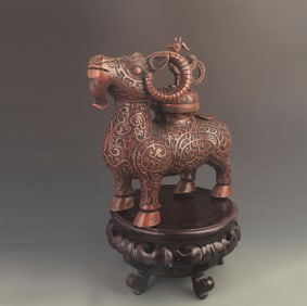 RARE BRONZE INCENSE BURNER WITH AUSPICIOUS GOAT AND PHOENIX KNOB