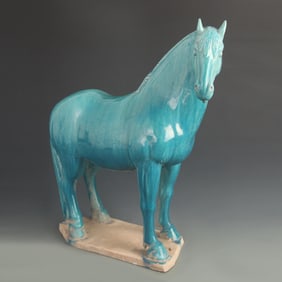 BLUE GREEN GLAZED POTTERY HORSE FIGURINE