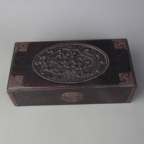 SANDALWOOD BOX CARVED WITH DRAGON AND SEAWAVE MOTIFS