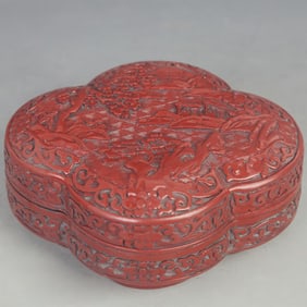 CARVED RED LACQUER BOX WITH LANDSCAPE PAVILION DESIGN