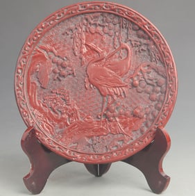 RED CARVED LACQUER PINE TREE AND CRANE PATTERN