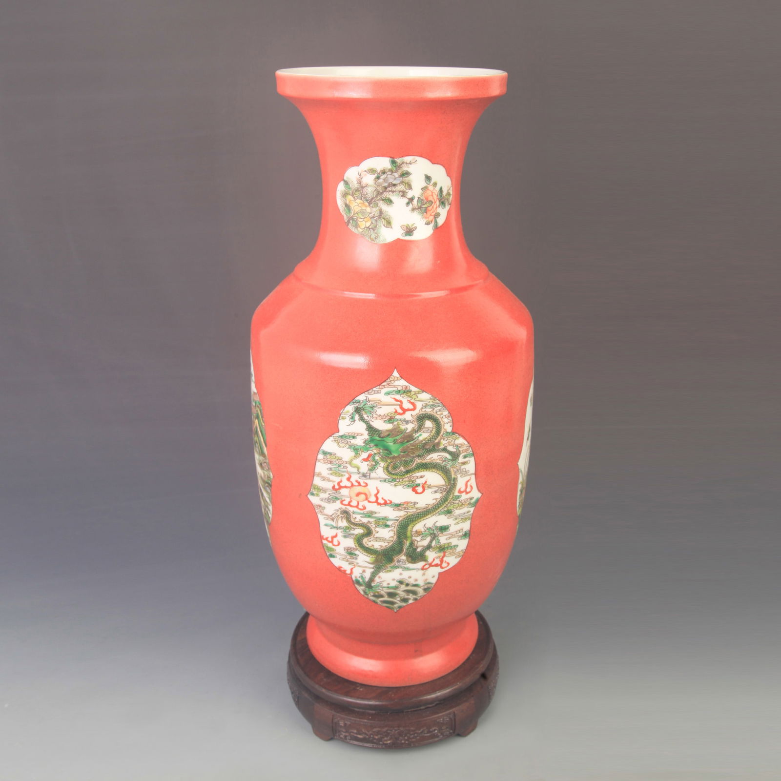 FAMILLE-ROSE RED-GROUND FLORAL-BIRD PATTERN PORCELAIN VASE: Qing Dynasty Kang Xi Period; High: 17.5 inch; Diameter: 7.50 inch