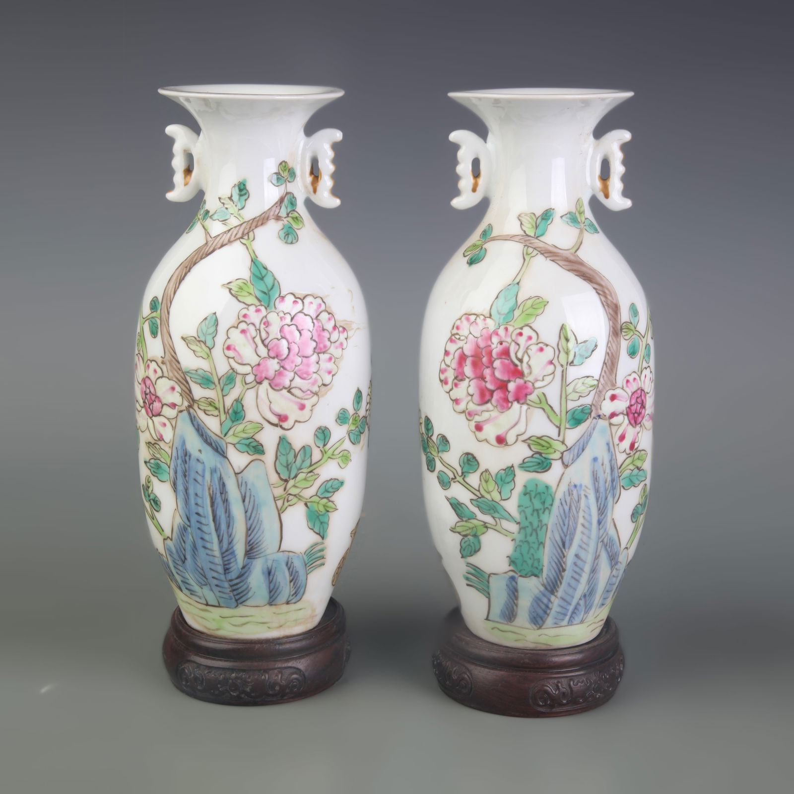 PAIR OF FAMILLE ROSE FLORAL DOUBLE-EAR PORCELAIN VASE: Qing Dynasty Guang Xu Period; Diameter: Diameter: 2.9 inch; High: 8.5 inch