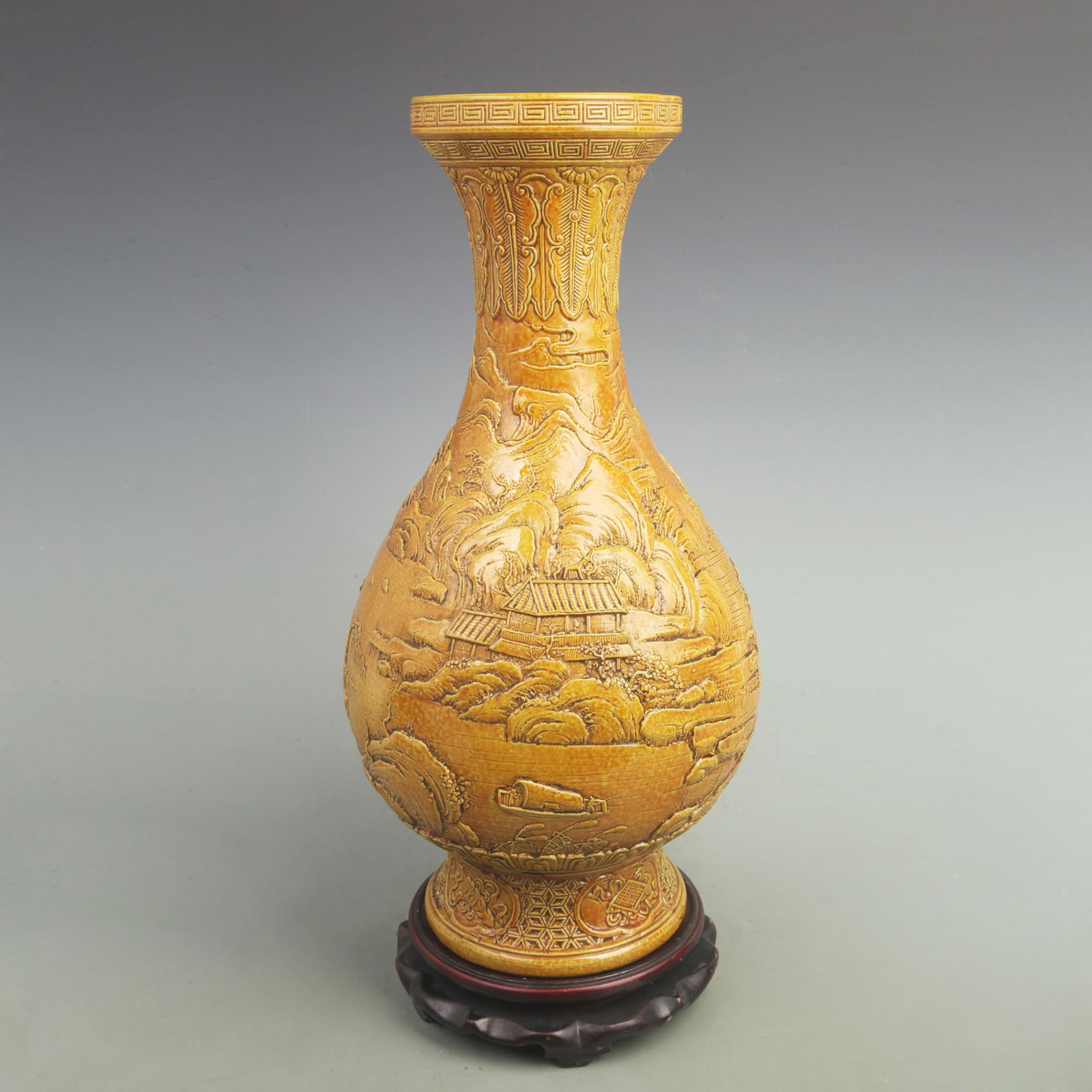 YELLOW GROUND CARVED LANDSCAPE PATTERN VASE: Qing Dynasty,Dao Guang Period; Diameter: High: 17 inch; Width: 9.2 inch;