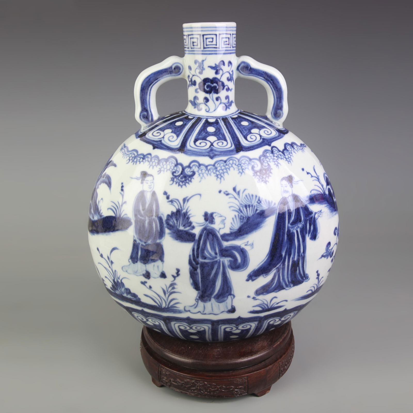 BLUE AND WHITE HUMAN FIGURE MOONFLASK STYLE PORCELAIN VASE: Qing Dynasty; High: 11.7 inch; Diameter: 9.5 inch