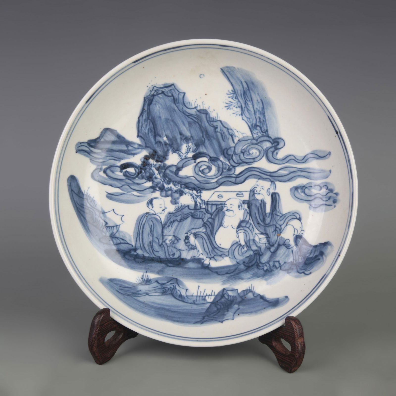 BLUE AND WHITE PLATE WITH HUMAN STORY FIGURES: Diameter: 8.3 inch; High: 1.5 inch