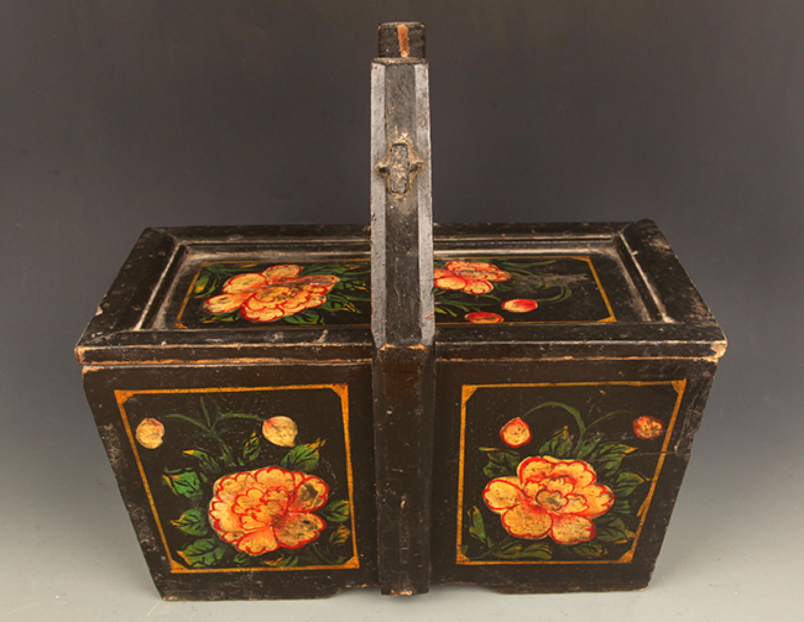 A BLACK COLOR FLOWER PAINTED WOODEN LUNCH BOX: 19th Century, High: 13.5 inch; Long: 14.25 inch; Width: 7.75 inch;