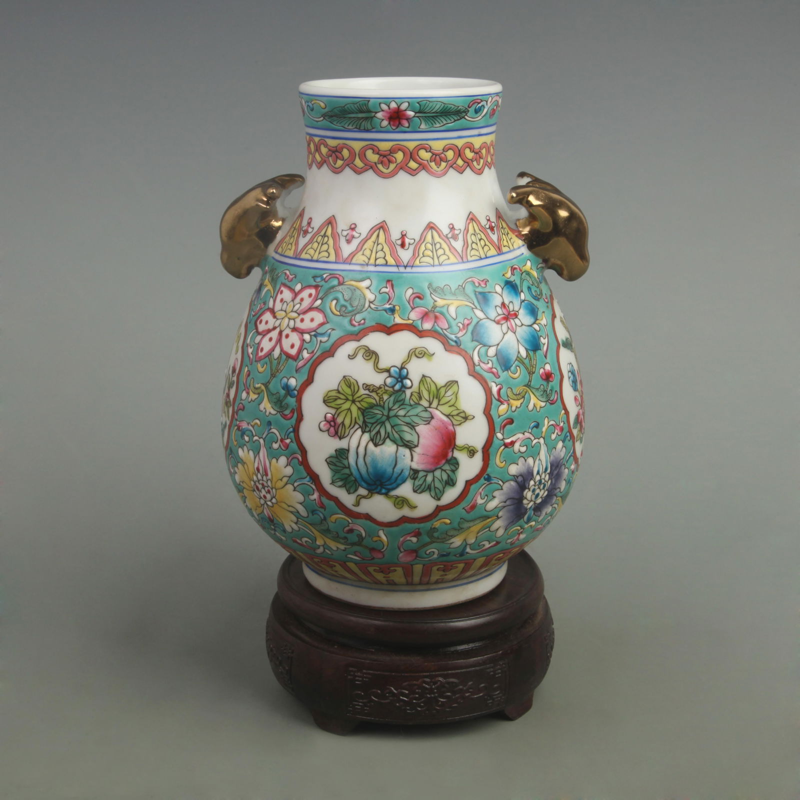 RARE FAMILLE ROSE BLUE GROUND DEER HEAD PORCELAIN VASE (1 of 5)