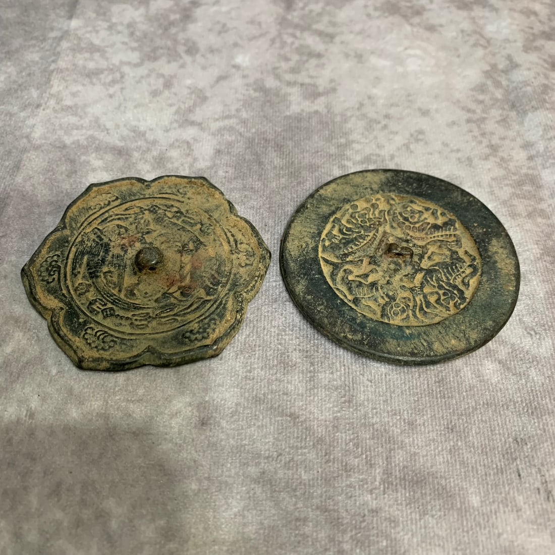 PAIR OF SMALL FINELY CARVED BRONZE MIRROR: Modern, Diameter: 3.1 inch; igHigh: Diameter: 3.0 inch;