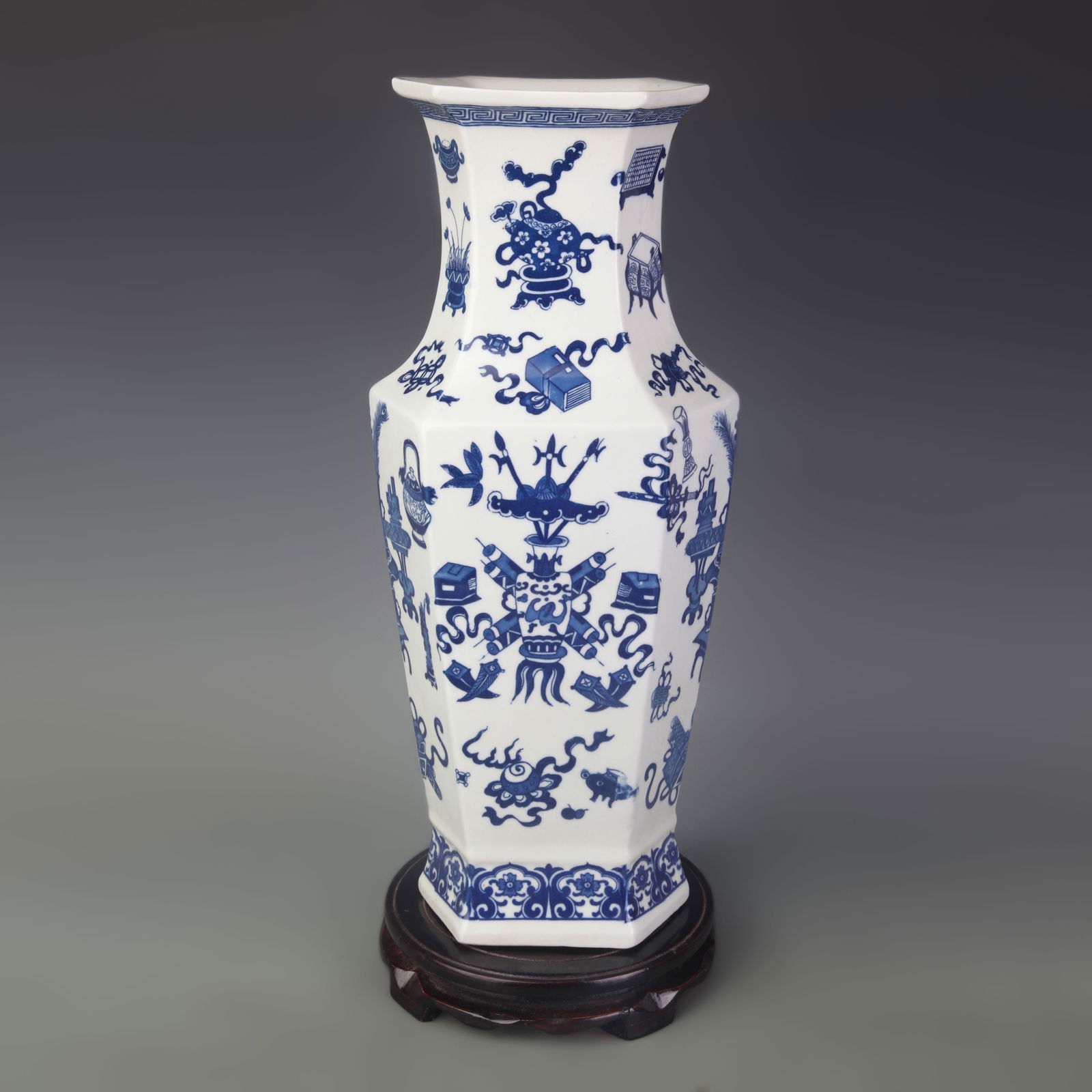 BLUE-AND-WHITE EIGHT-TREASURES HEXAGONAL PORCELAIN VASE (1 of 5)