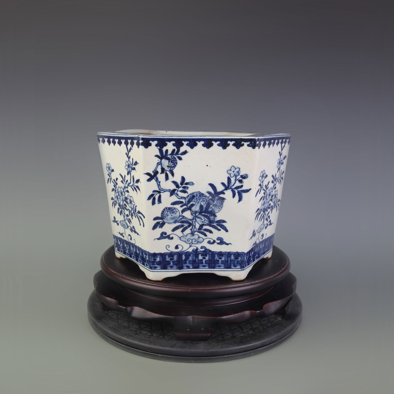 BLUE AND WHITE HEXAGONAL FLOWERPOT WITH FLORAL PATTERNS (1 of 5)