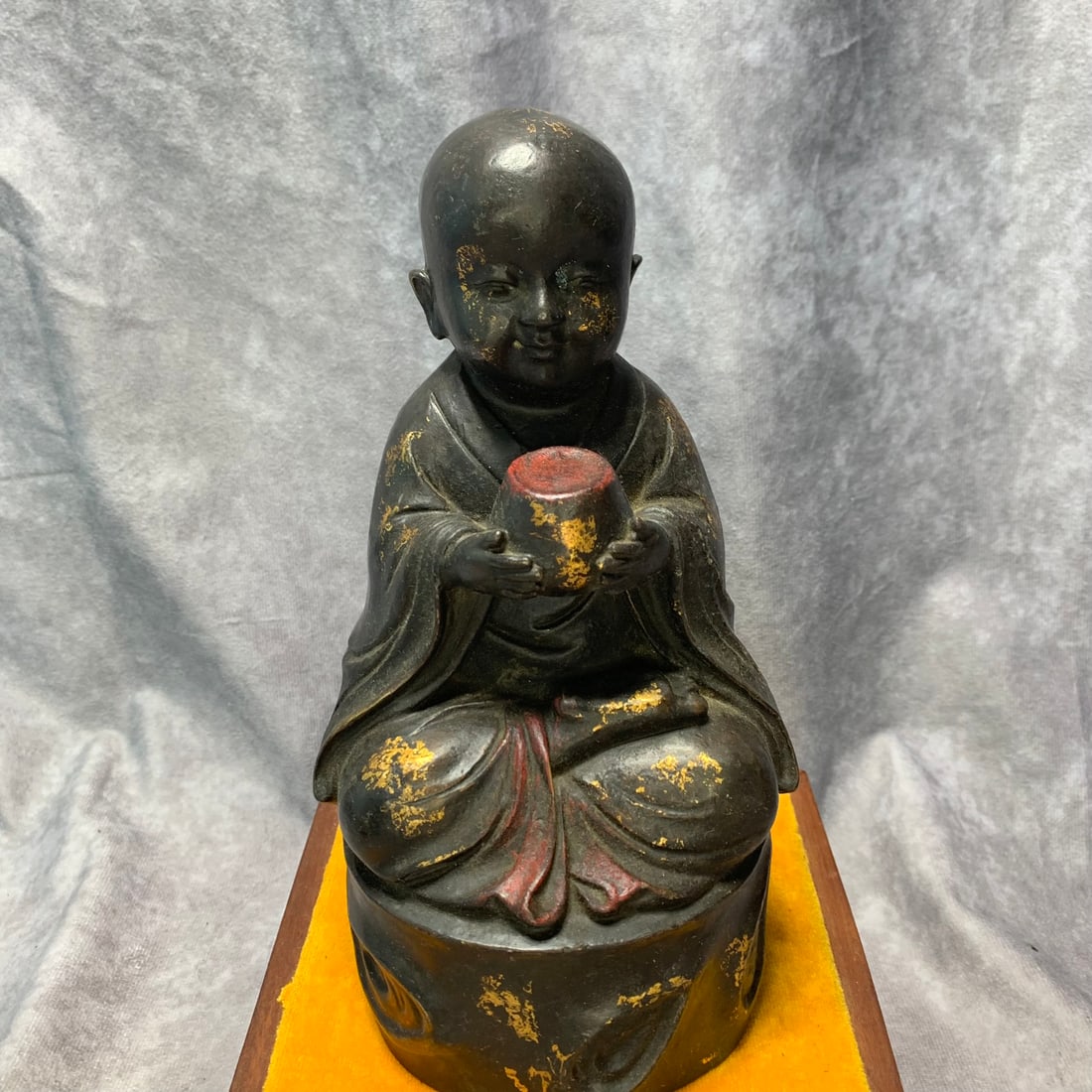 GILDED BRONZE SEATED LITTLE MONK STATUE: Ming Dynasty Style; Long: 4.5 inch; H; 8.9 inch;