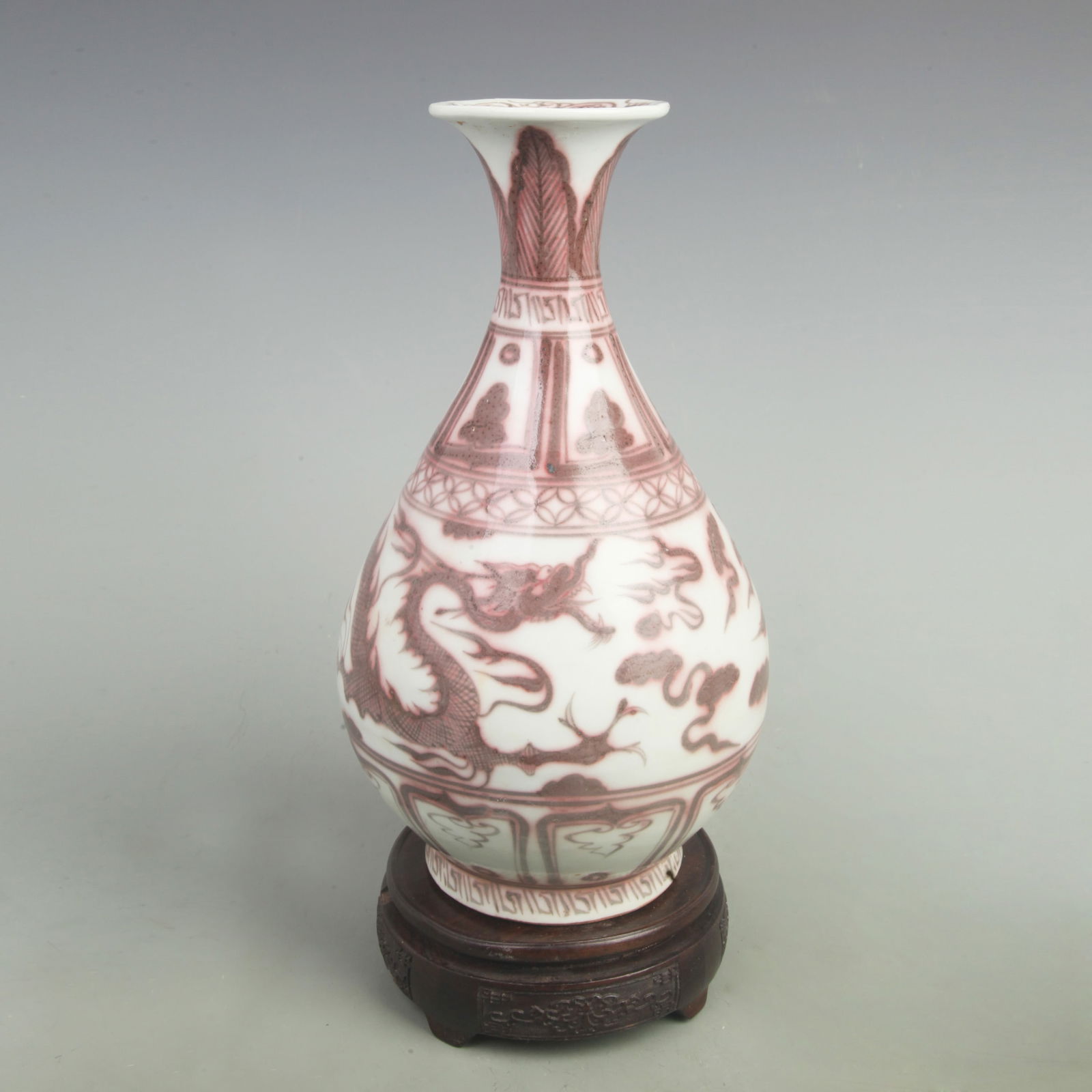 UNDERGLAZE-RED DRAGON PATTERN YU HU CHUN PORCELAIN VASE: Yuan Dynasty Style; High: 11.5 inch; Width: 6.5 inch;