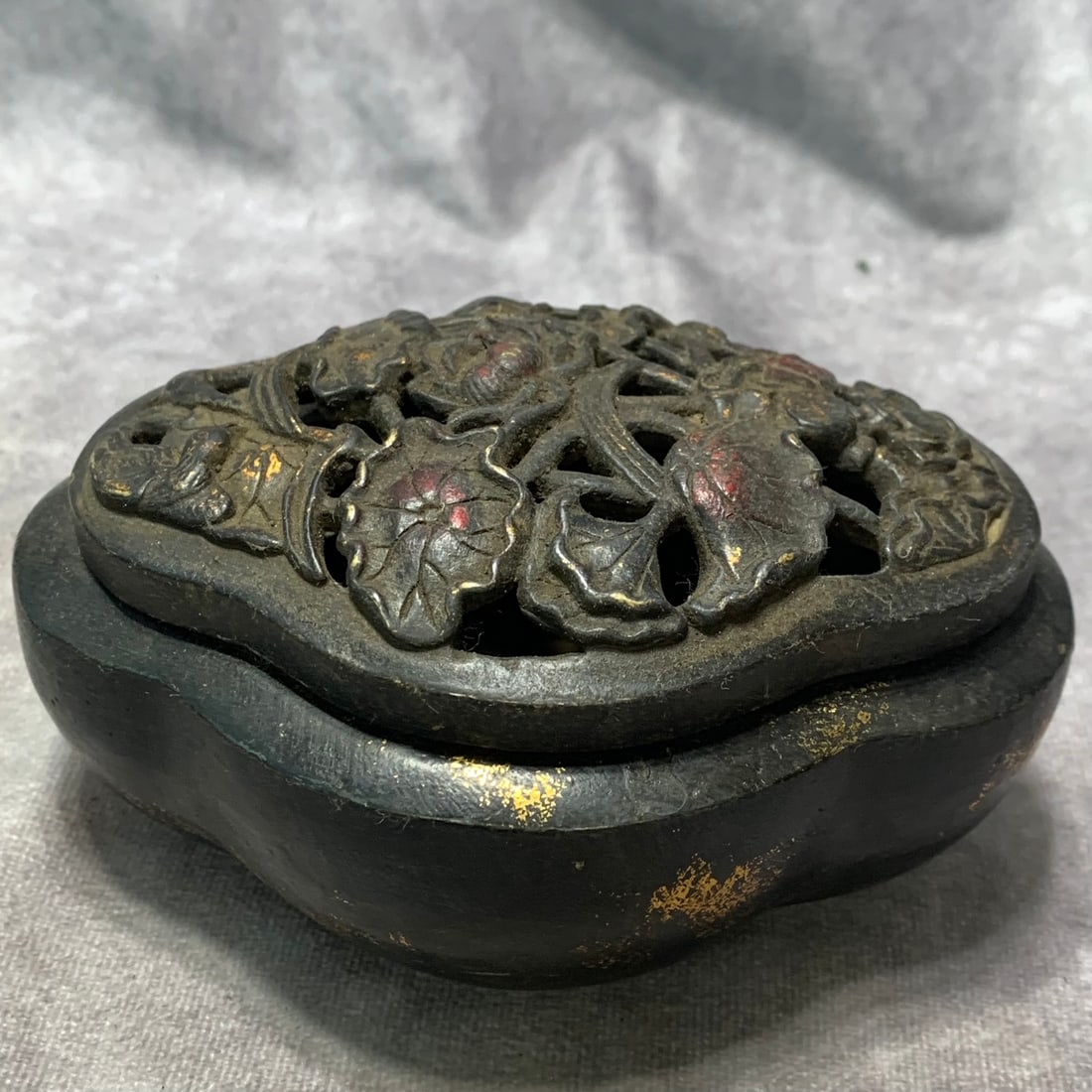 GILT BRONZE LOTUS AND INGOT STYLE INCENSE BURNER: Qing Dynasty; Long: 5.8 inch; High: 3.1 inch;