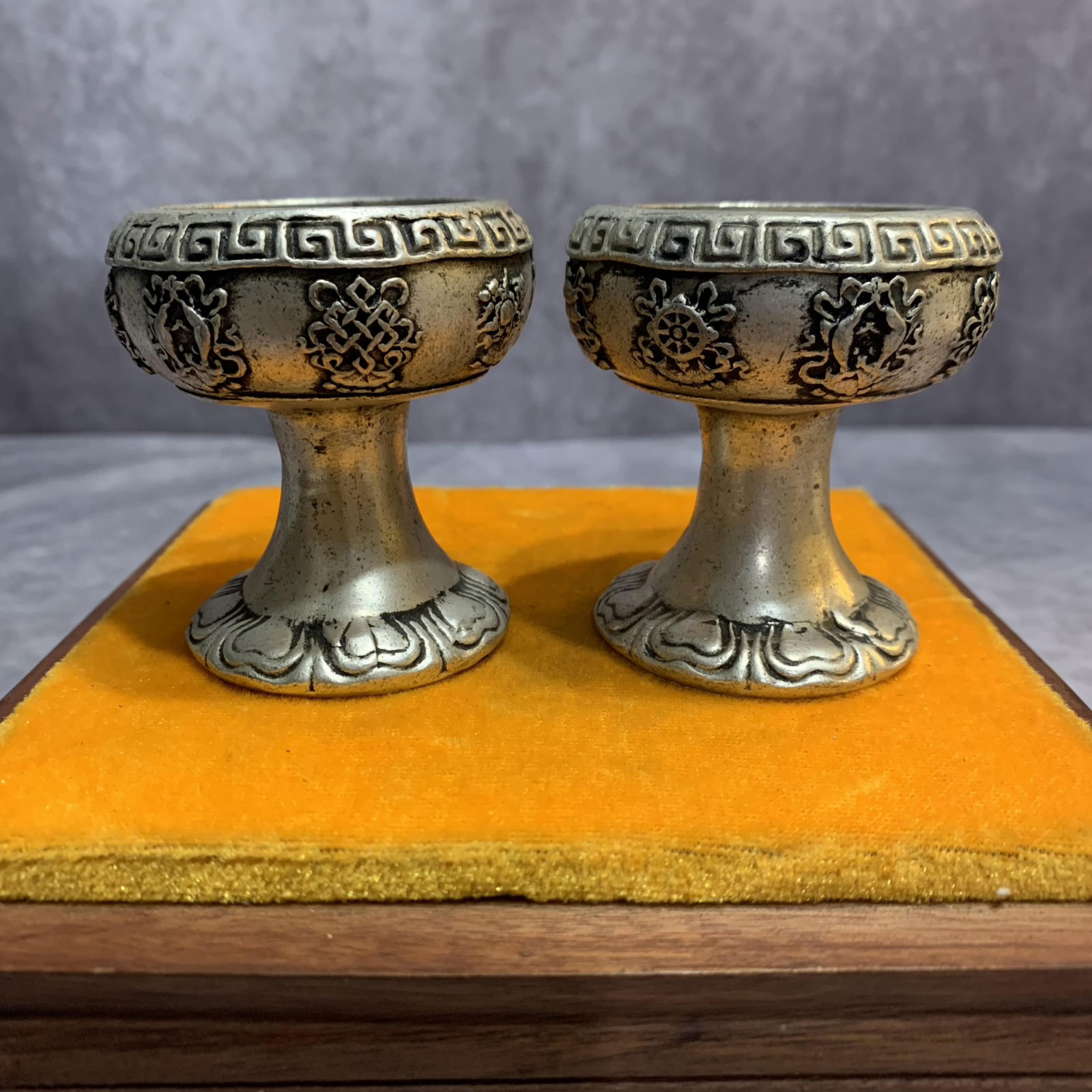 PAIR OF WHITE BRONZE SMALL HIGH FOOT CUP: 20th Century, High: 2.5 inch; Diameter: 2.3 inch; High: 2.5 inch; Diameter: 2.3 inch;