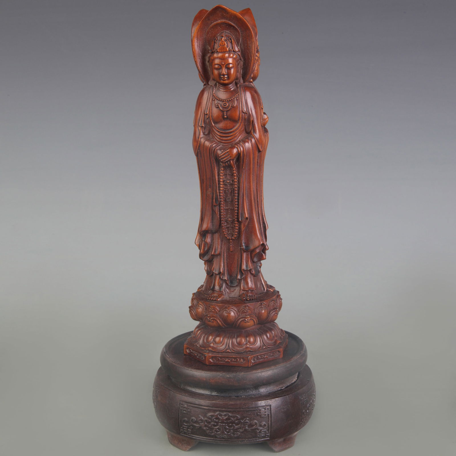 THREE-FACED GUANYIN WOOD STATUE: Qing Dynasty; High: 7.8 inch