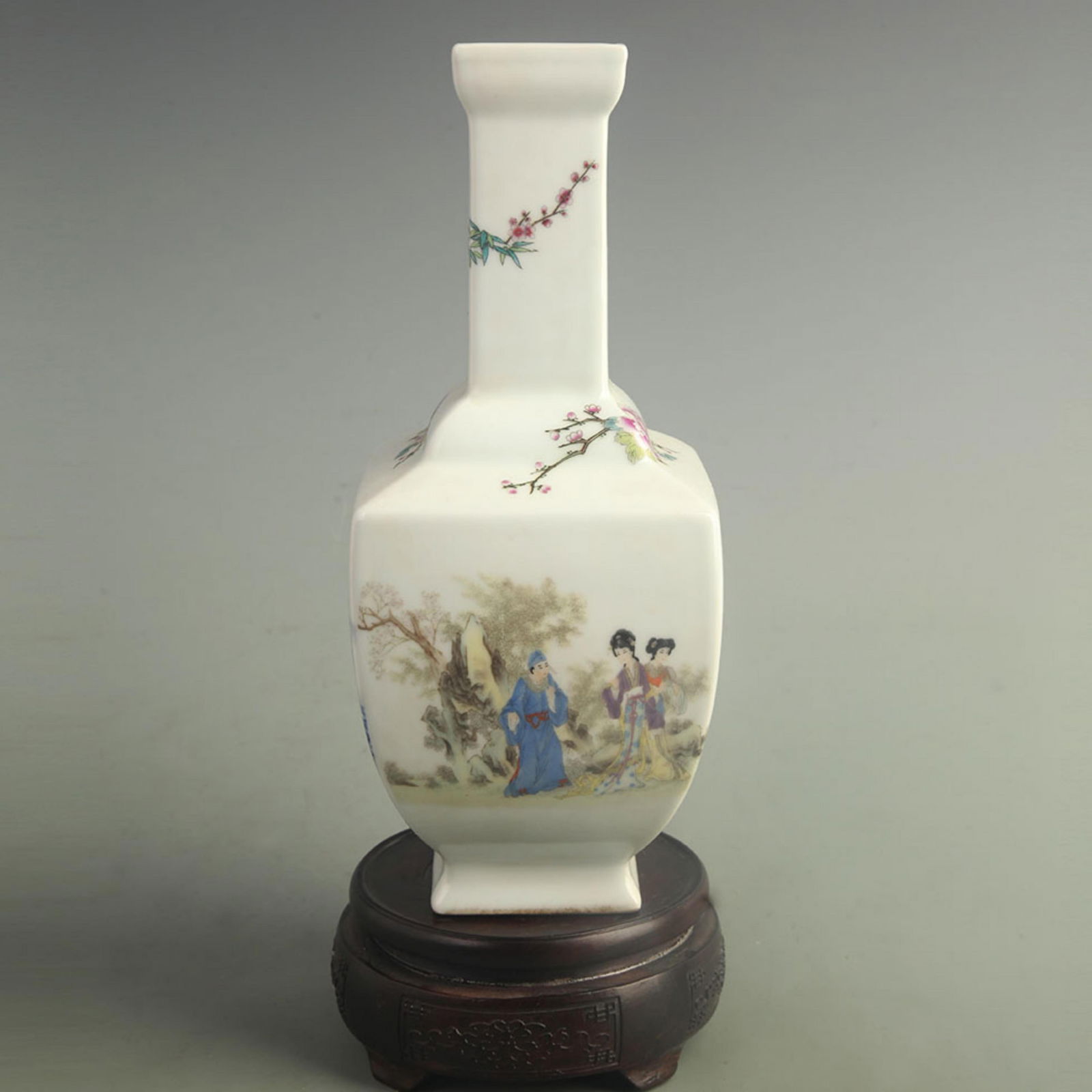 CLOISONNE COLOR GROUND LANDSCAPE FIGURE SQUARE PORCELAIN VASE: Qing Dynasty Qian Long Period; High: 9.80 inch; Width: 4.00 inch