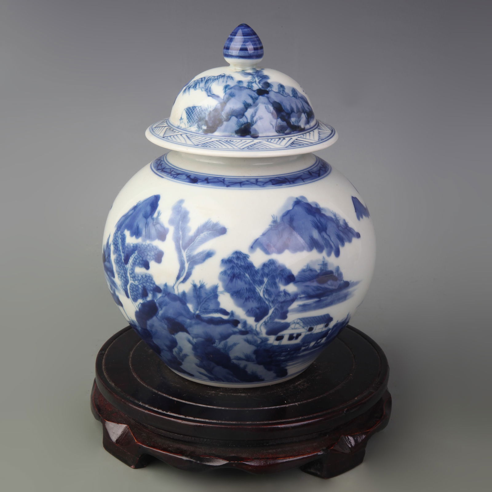 BLUE AND WHITE LANDSCAPE LIDDED PORCELAIN JAR (1 of 5)