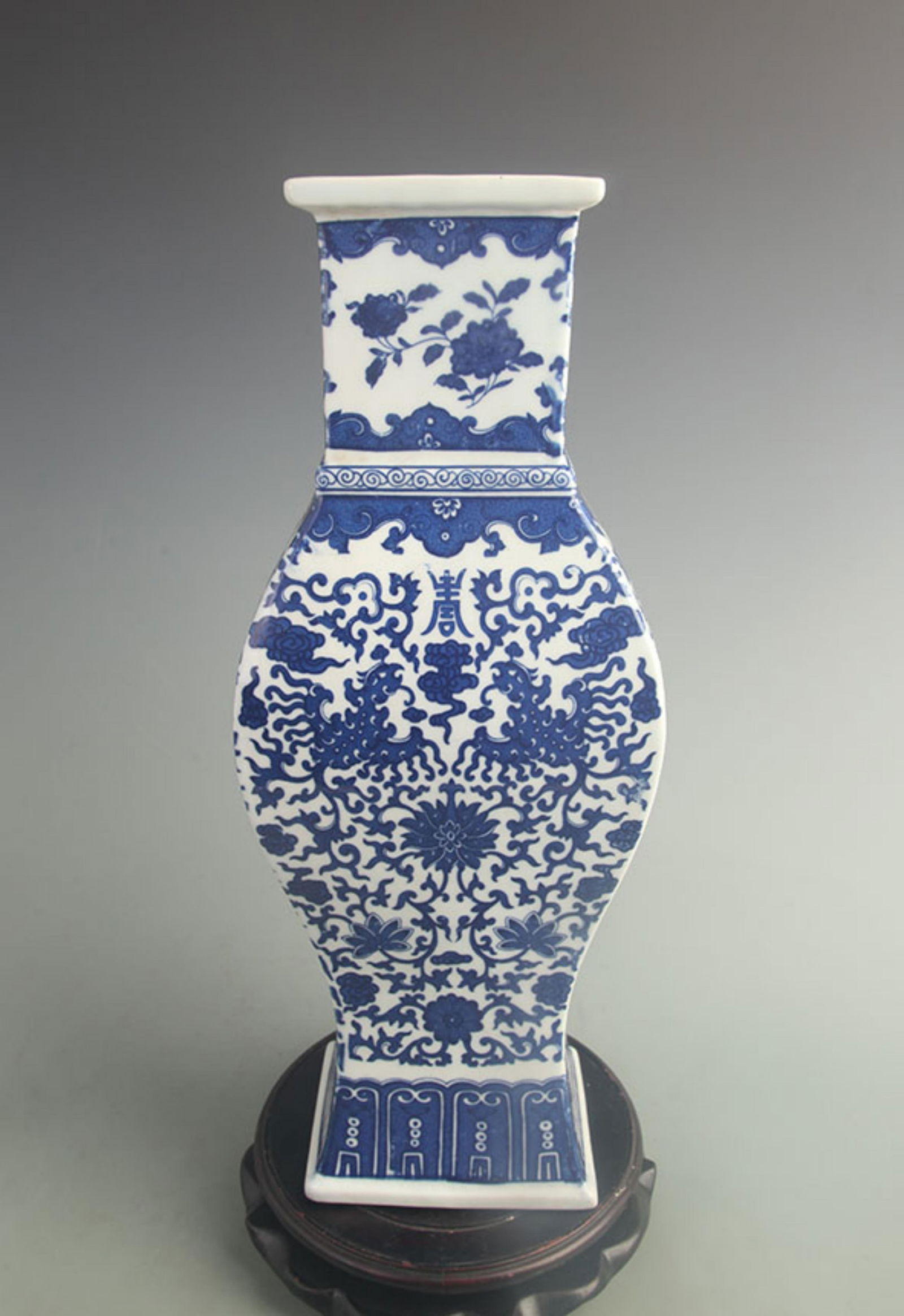 BLUE AND WHITE LOTUS PATTERN FOUR-SIDED PORCELAIN VASE (1 of 5)