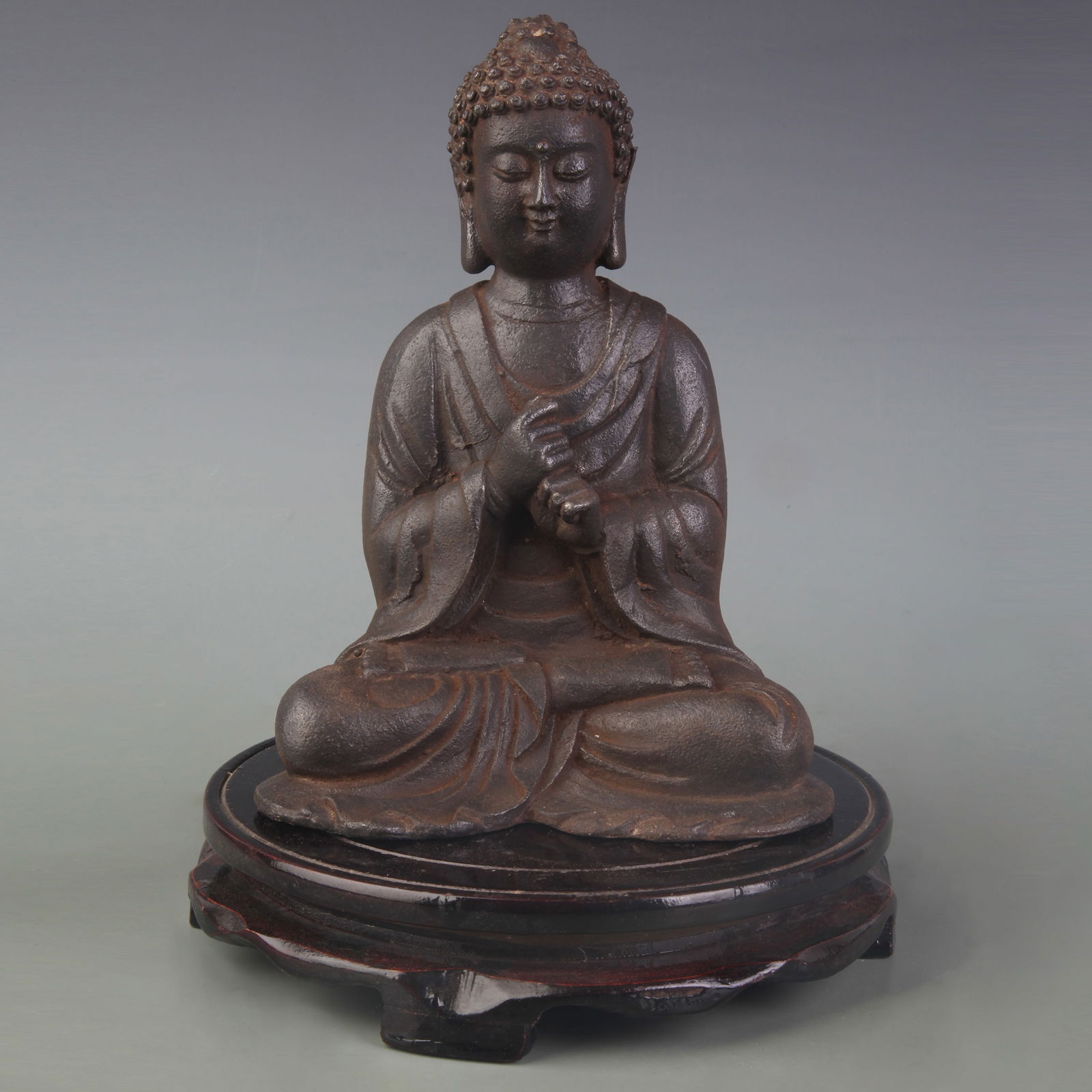 CAST-IRON SHAKYAMUNI BUDDHA STATUE: Qing Dynasty; Width: 5.5 inch; High:7.5 inch