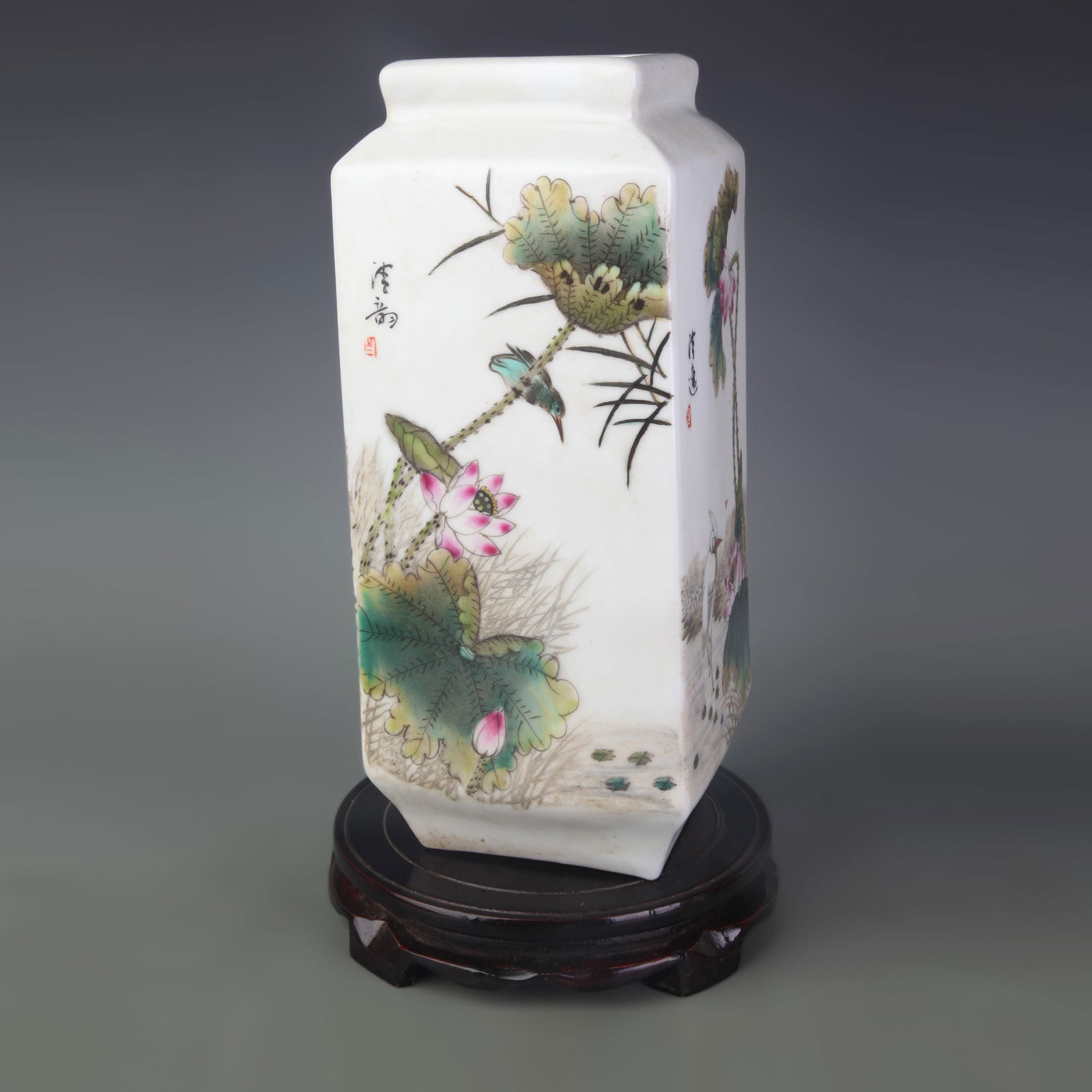 FAMILLE ROSE SQUARE PORCELAIN VASE WITH FLORAL AND BIRD DESIGN (1 of 7)