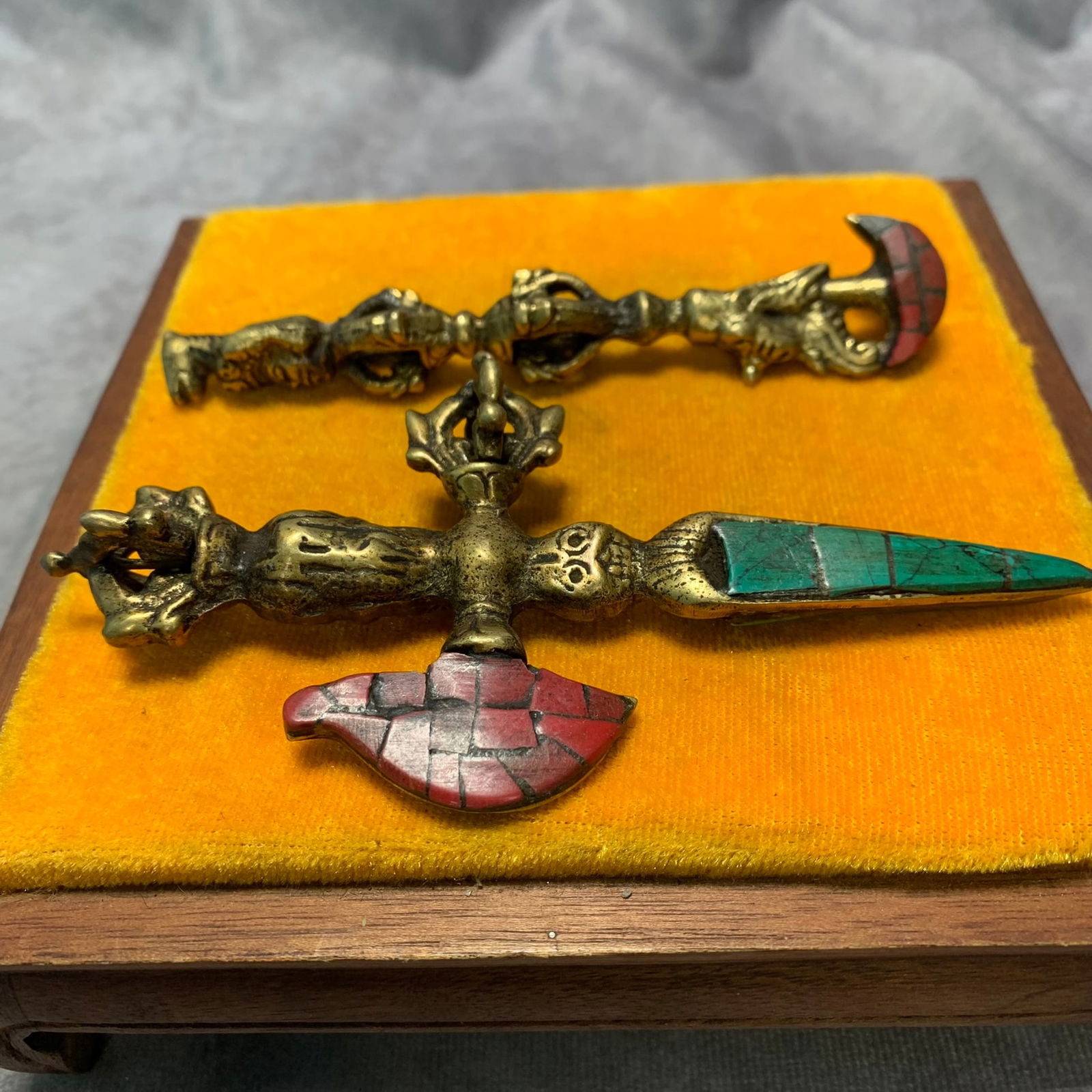 SET OF 2 TIBETAN BUDDHIST BRONZE RITUAL OBJECTS: Qing Dynasty; Long: 5.3 inch; 4.9 inch; Width: 2.7; 1 inch; High: 0.9; 0.7 inch;