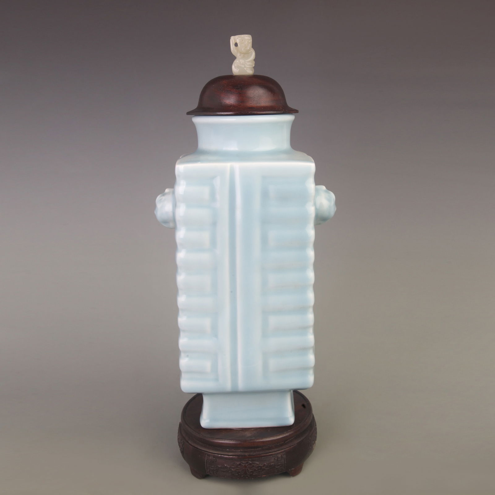 SKY-BLUE GLAZED CONG STYLE PORCELAIN JAR WITH ROSEWOOD AND WHITE JADE KNOB: Qing Dynasty; Width: 6.5 inch; High: 14.3 inch;