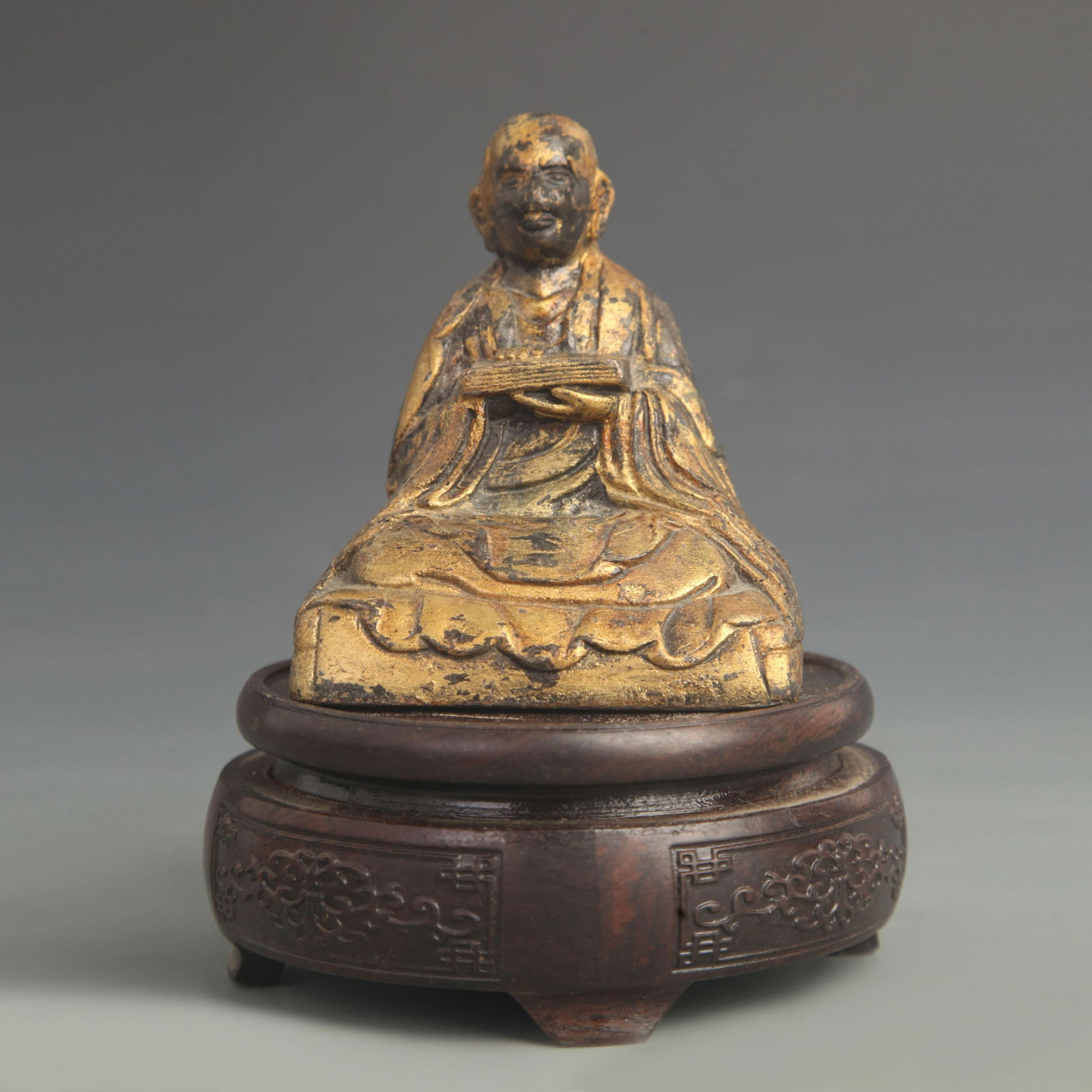 A FINE BRONZE BHADRSCSRYA STATUE (VENERABLE BUDDHIST TEACHER): 18th Century; High: 5.50 inch; Width: 3.25 inch;