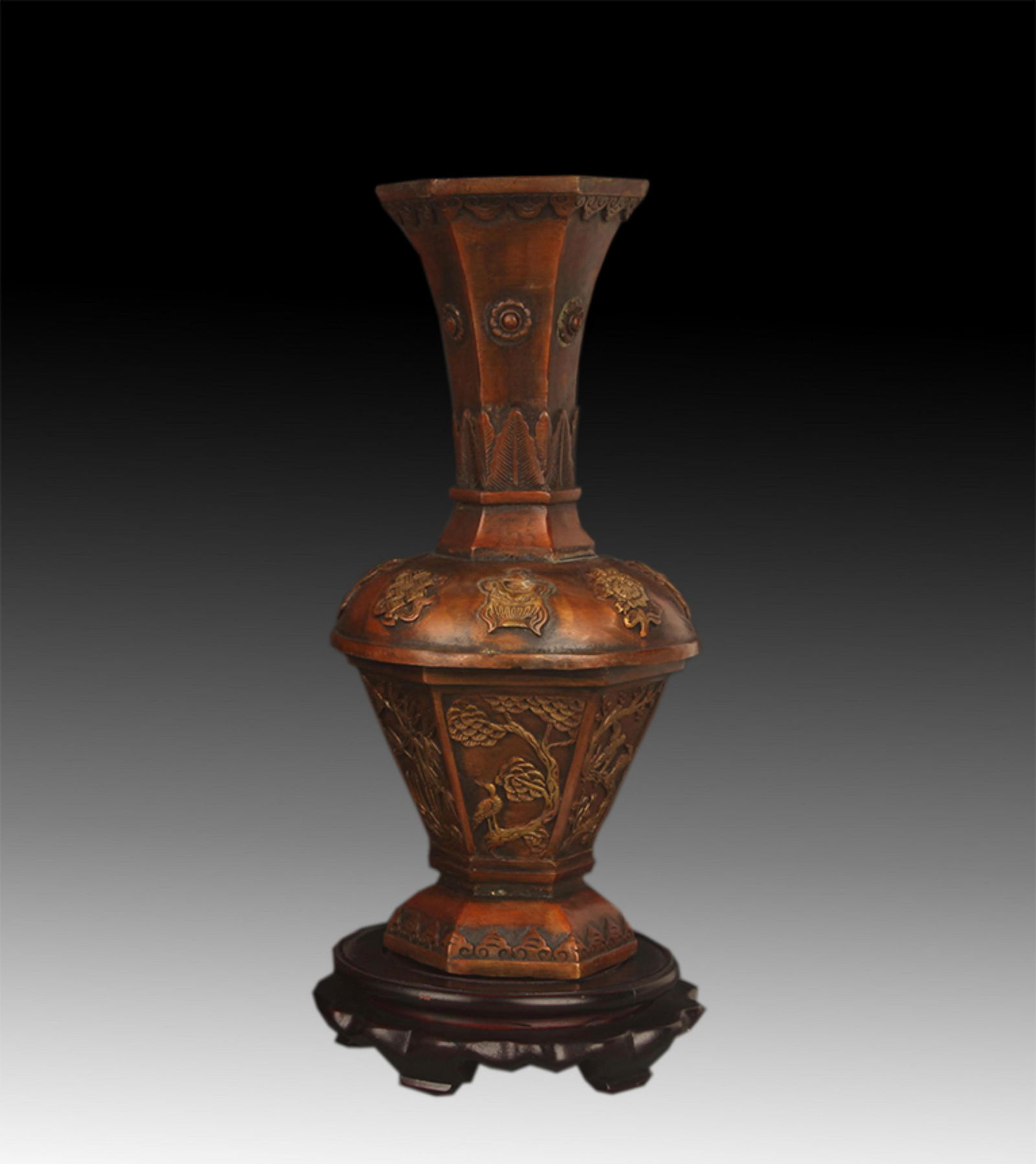 A FINE BRONZE HEXAGONAL VASES WITH AUSPICIOUS EIGHT TREASURES AND FLORAL PATTERNS: 20th Century; High: 11.25 inch; Diameter: 3.75 inch;