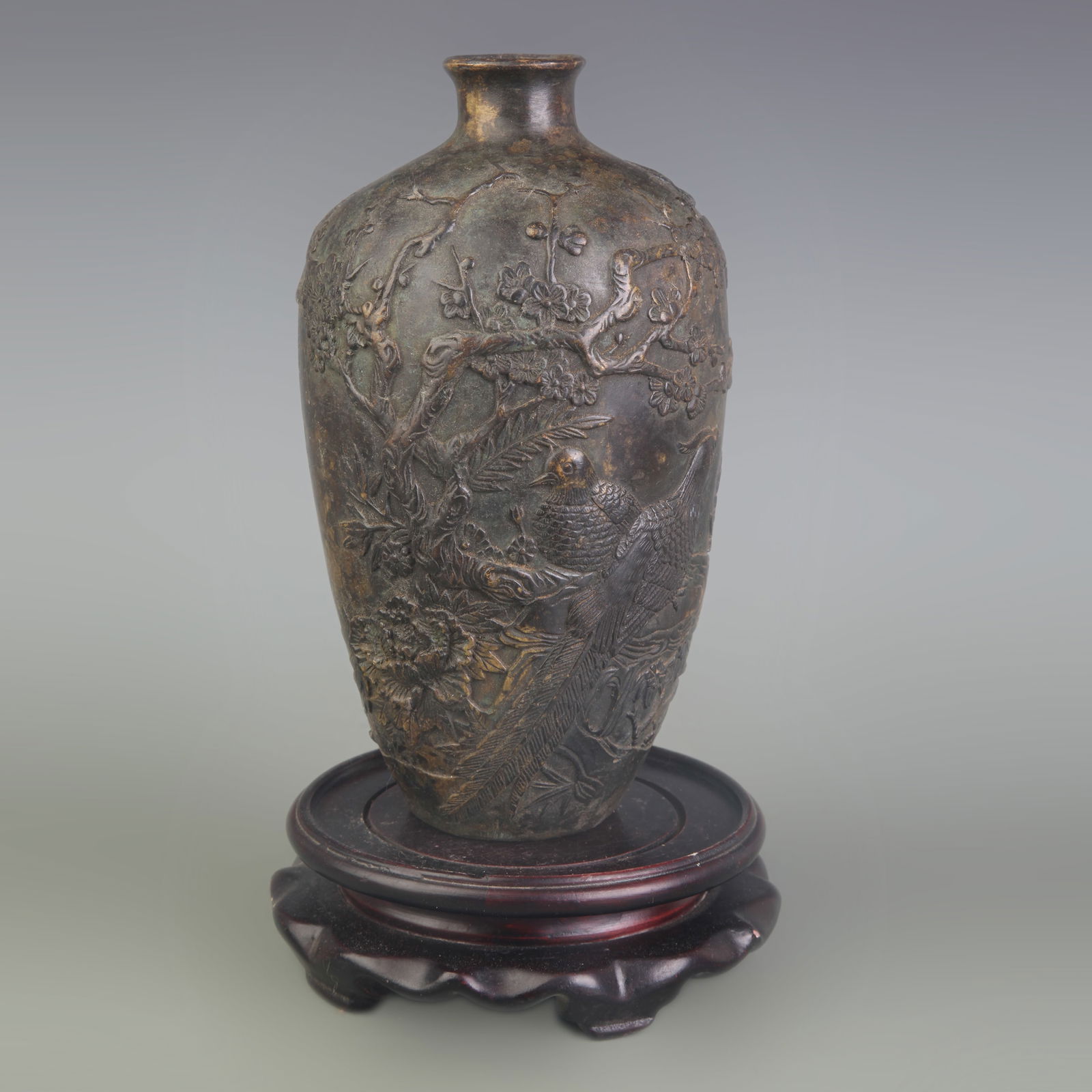 FLOWER AND BIRD PATTERN BRONZE MEIPING STYLE VASE: Qing Dynasty Xuan De Period; High: 7.5 inch;