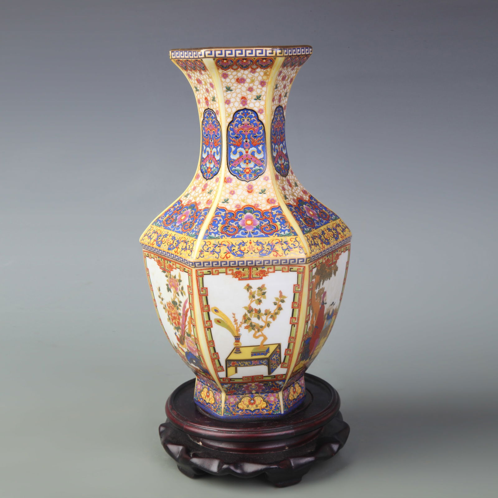 FAMILLE-ROSE ENAMEL HEXAGONAL PORCELAIN VASE: Qing Dynasty Yong Zheng Period; High:9.1 inch