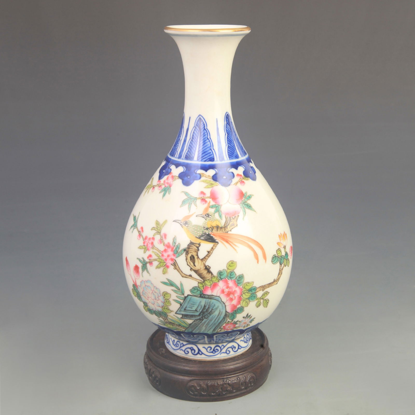 CLOISONNE COLOR FLOWER AND BIRD PATTERN YU HU CHUN STYLE PORCELAIN VASE: Qing Dynasty Qian Long Period; High: 9.60 inch; Diameter: 4.80 inch;
