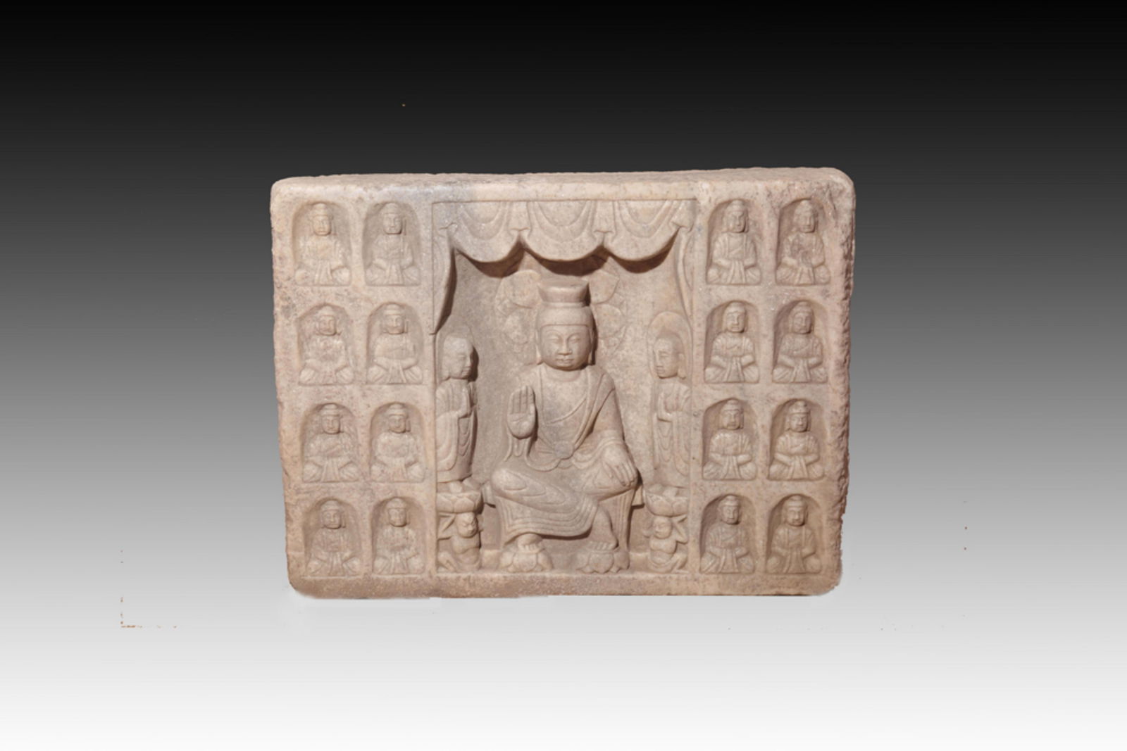 A FINELY CARVED LARGE STONE BUDDHA: Tang Dynasty Style; High: 16.1 inch; 19.6 inch;