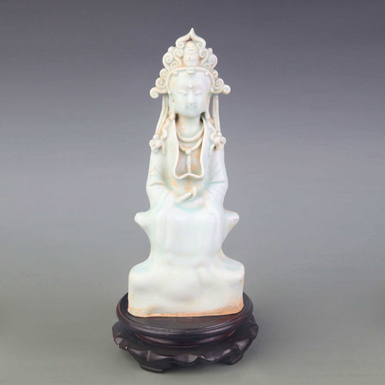 LIGTH BLUE COLOR GLAZE PORCELAIN GUANYIN STATUE: Qing Dynasty; Width: 4.0 inch; High:9.5 inch