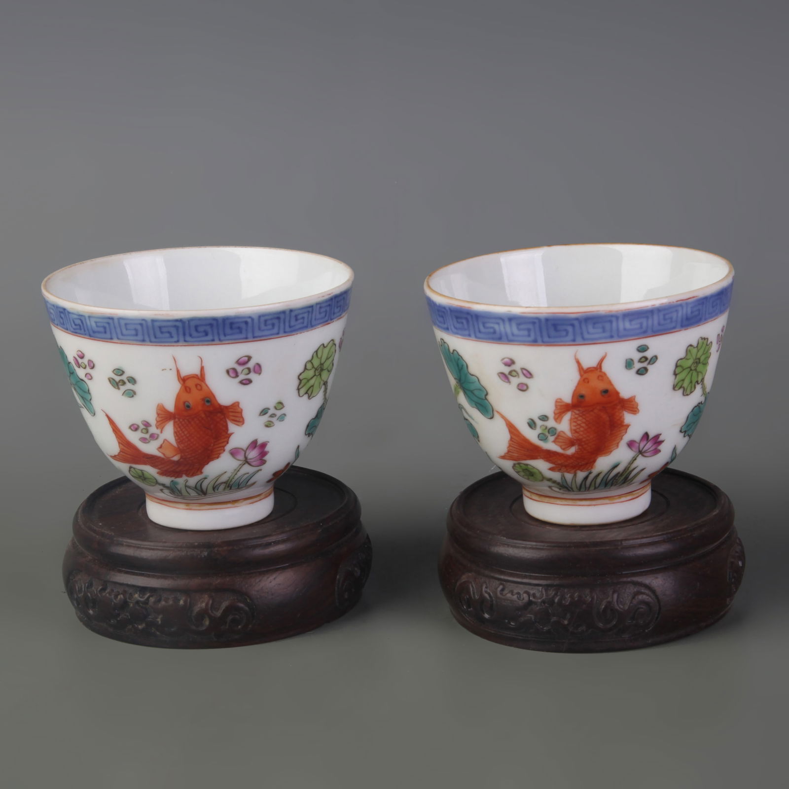 PAIR OF WUCAI GROUND FISH PATTERN SMALL PORCELAIN BOWLS (1 of 6)