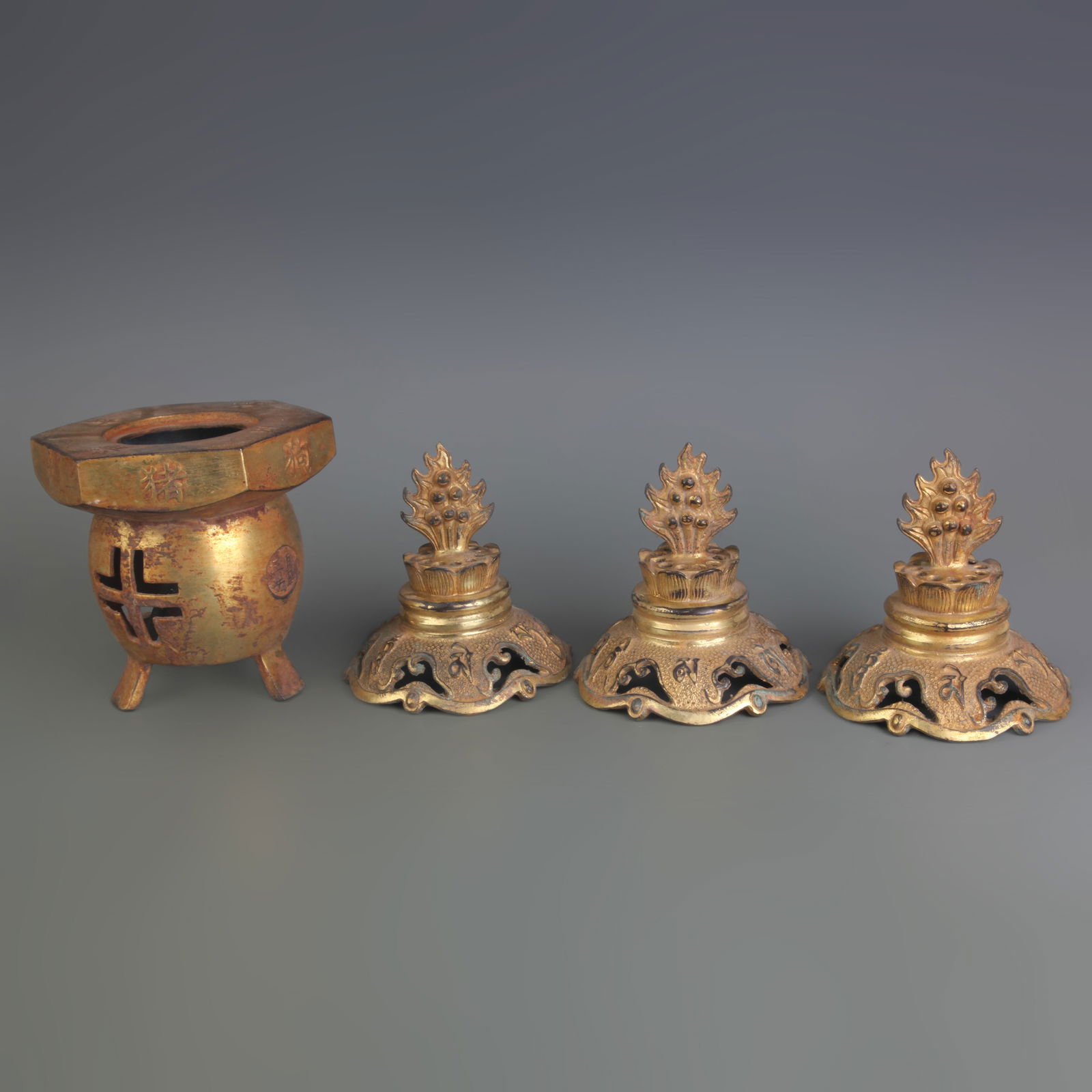 FOUR GILT-BRONZE INCENSE BURNER FITTINGS (1 of 11)