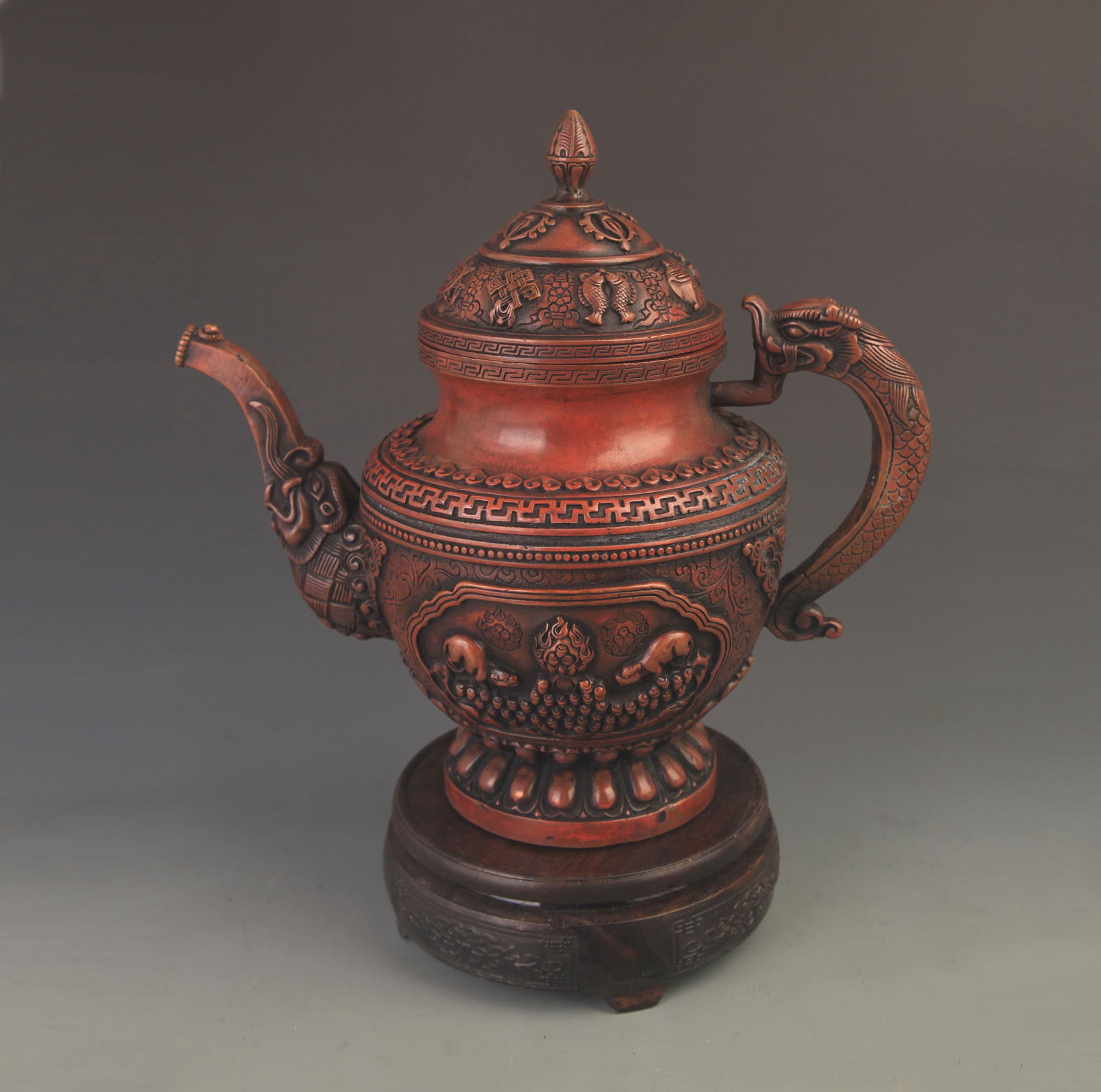 RARE TIBETAN BUDDHIST BRONZE EWER WITH MYTHICAL BEAST AND DRAGON-FORM HANDLE (1 of 7)