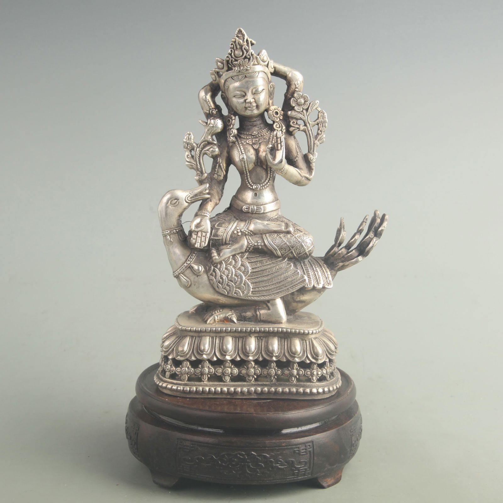 A FINE SILVER-GILT WHITE BRONZE MAHAKALA STATUE: 20th Century; High:7.80 inch; Width: 5.30 inch;