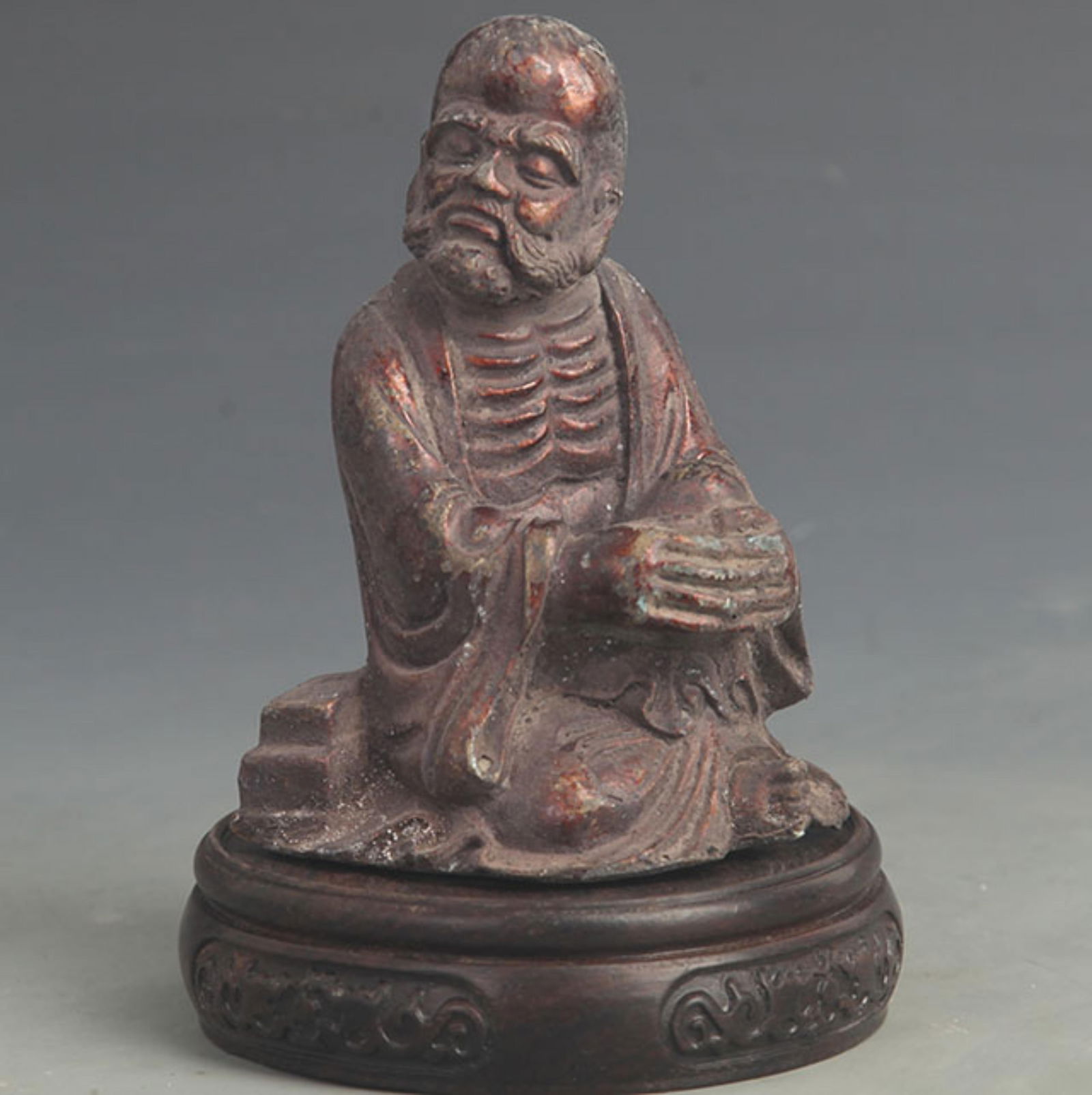 A FINE COLORED BRONZE ARHAT STATUE: 19th Century; High: 5.00 inch; Diameter: 3.25 inch;