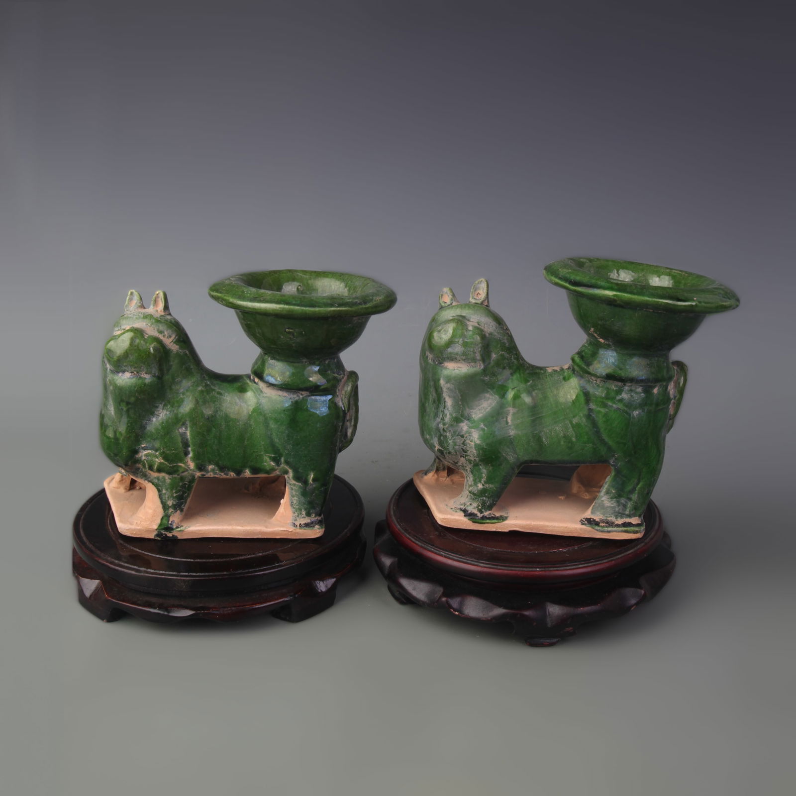 PAIR OF GREEN GLAZE POTTERY CANDLESTICKS (1 of 6)