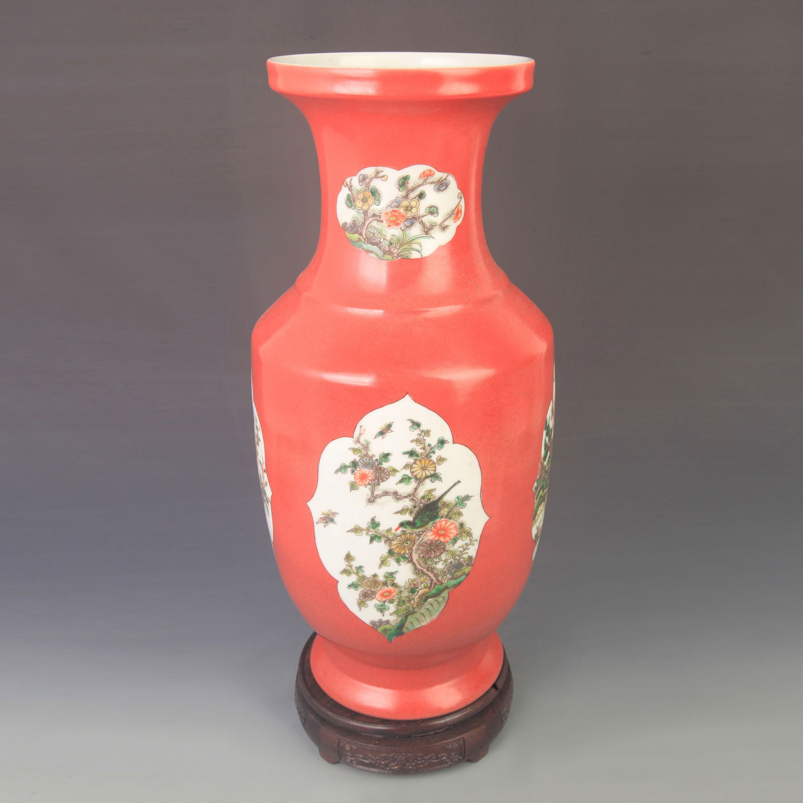 LARGE FAMILLE ROSE RED-GROUND OPENWORK PORCELAIN VASE: Qing Dynasty Kang Xi Period; High: 17.5 inch; Diameter: 7.50 inch;