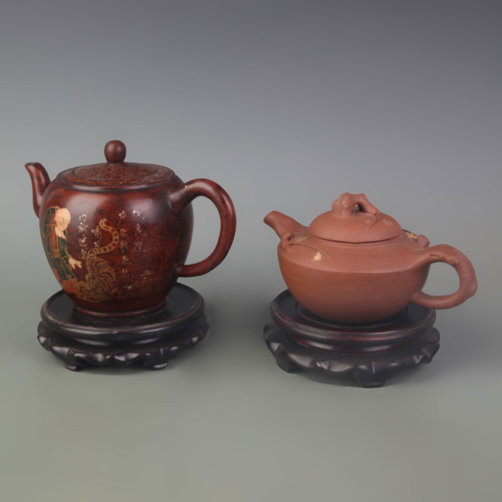ZISHA TEAPOTS BY CHEN MINGYUAN WITH GILT FIGURE DECORATION AND BOWL-SHAPED MEIPING FORM (1 of 11)