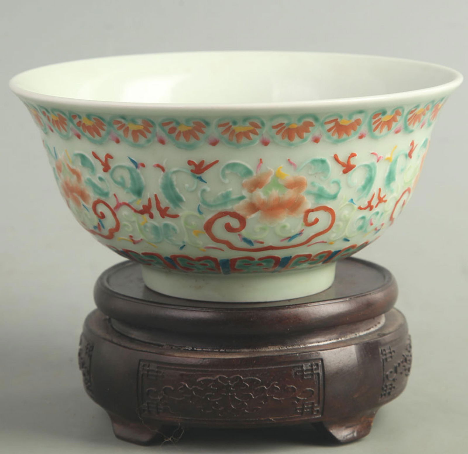 A FINE LIGHT BLUE COLOR GLAZED FLORAL CARVED PORCELAIN BOWL (1 of 5)